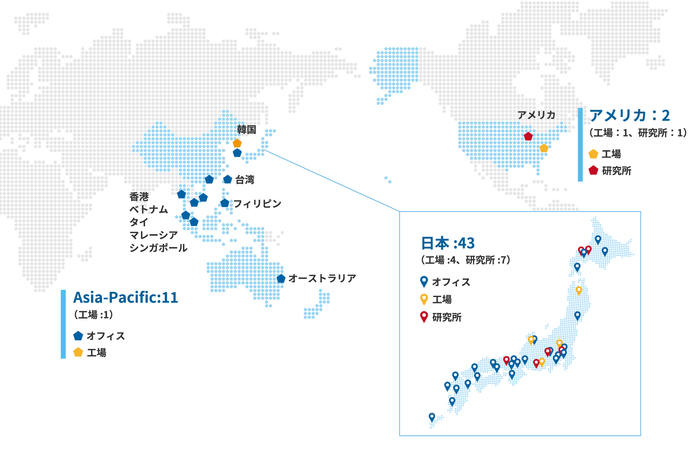 シミックグループのオフィス、工場、研究所の位置を示された世界地図と日本地図